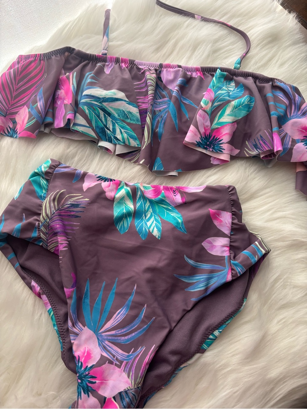 Raisins Ruffle Two-Piece Bikini - Purple with Teal & Pink Accents